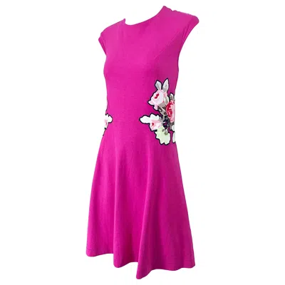 Pre-owned Carven Hot Pink Bouquet Of Roses Sleeveless Cotton A - Line Dress Size Medium