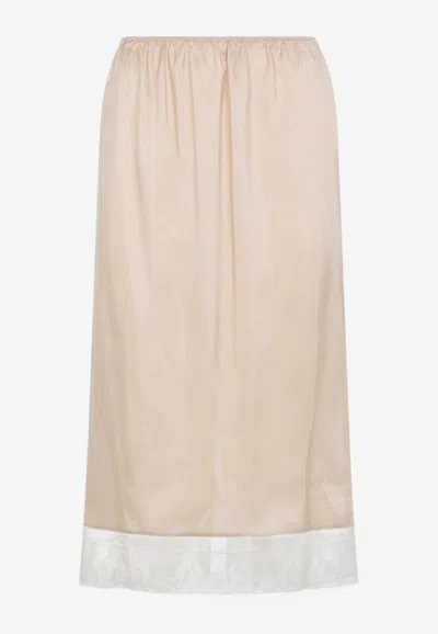 Carven Lace-trimmed Silk Midi Skirt In Brown