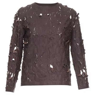 Carven Laser Cut Lambskin Leather Floral Top In Brown