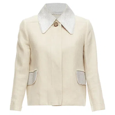 Carven Linen Cotton Blend Tweed Collar Button Boxy Jacket In Beige