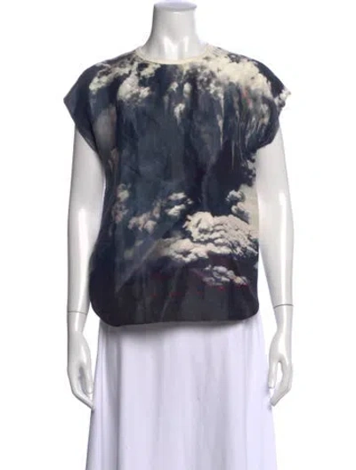 Pre-owned Carven Linen Graphic Print Top In Blue