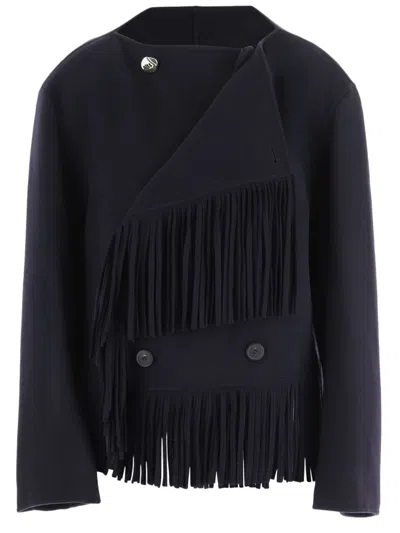 Carven Navy Blue Fringed Double-breasted Wool-cashmere Jacket In Black