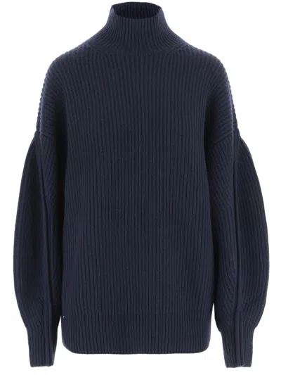 Carven Navy Voluminous-sleeve Ribbed Cashmere Turtleneck In Blue