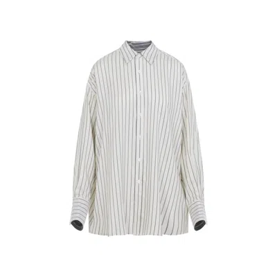 CARVEN OFF-WHITE SILK SHIRT WITH VERTICAL GREY STRIPES AND POINTED COLLAR