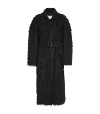 Carven Belted Faux-shearling Coat In Black