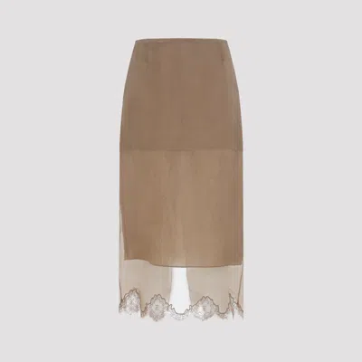 Carven Sheer Silk Lingerie Midi Skirt In Brown