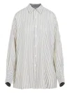 Carven Off-white Silk Shirt With Vertical Grey Stripes And Pointed Collar In Blue