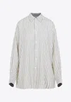 Carven Off-white Silk Shirt With Vertical Grey Stripes And Pointed Collar In White