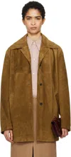 Carven Tan Short Split Suede Coat In Camel