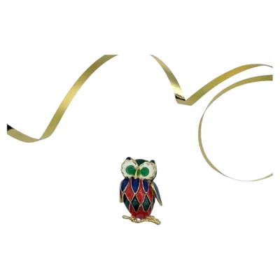 Pre-owned Carven Vintage Gold Plate Owl Brooch, Enamel, France, 1980s In Multi