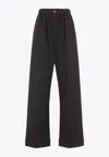 Carven Wide-leg Wool Trousers With Elastic Waistband And Buttoned Details In Black
