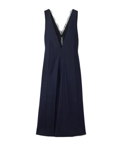 Carven Wool-flannel And Crinkled-satin Midi Dress In Blue