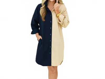 Caryn Lawn Carter Contrast Mini Dress In Navy And Khaki In Brown