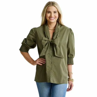 Caryn Lawn Holly Bow 1/4 Sleeve Top In Olive In Green