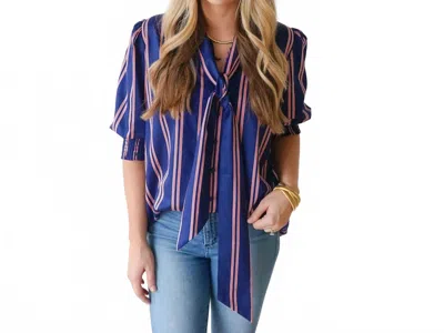 Caryn Lawn Holly Bow Top In Navy With Red And White Stripe In Blue