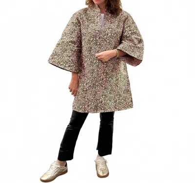 Caryn Lawn Jacquard Floral Open Front Car Coat In Pink/ Green In Multi