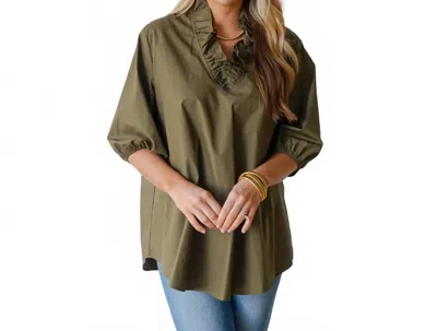 Caryn Lawn Kit Ruffle V Neck Top In Olive In Multi