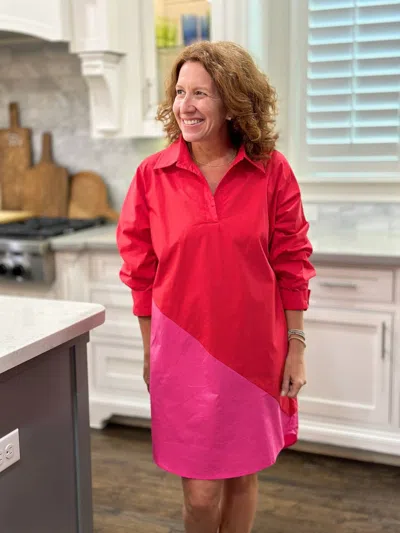 Caryn Lawn Preppy Asymmetrical Mini Dress In Red/ Fuchsia
