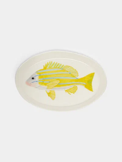 Casa Adams Bluestripe Snapper Hand-painted Porcelain Serving Platter In Yellow