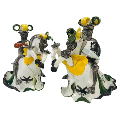 Pre-owned Casa Bugatti Pair Of Candlesticks In Ceramic Signed A. Miniatti Firenze Circa 1900. In Sand