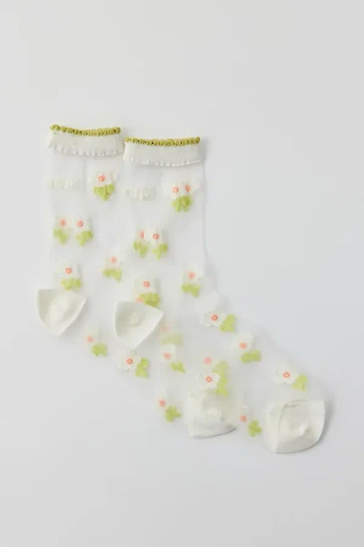 Casa Clara Amelia Sheer Crew Sock In White/green Flowers, Women's At Urban Outfitters