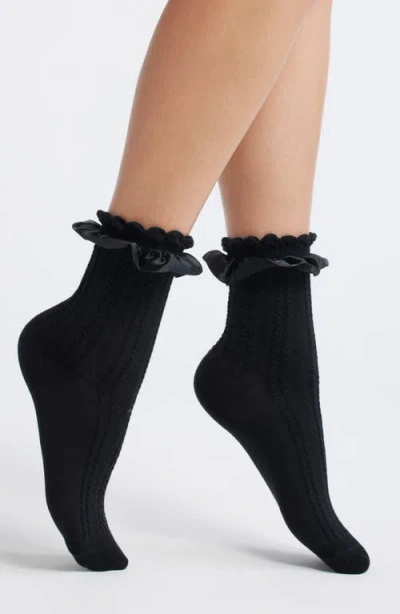 Casa Clara Chelsea Ruffle Cotton Blend Pointelle Crew Socks In Black