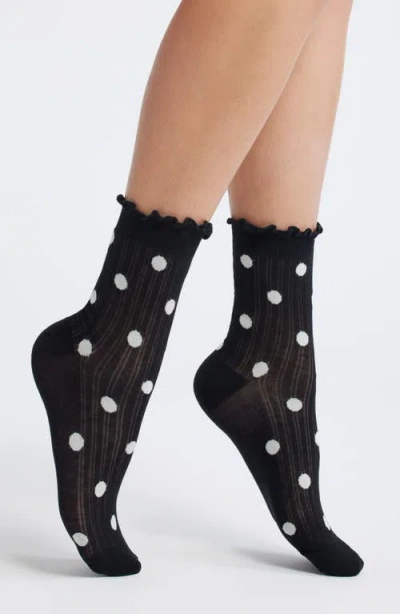 Casa Clara Claire Polka Dot Lettuce Edge Ankle Socks In Black