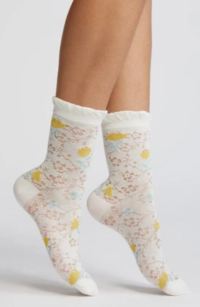 Casa Clara Cotton Crew Socks In Taupe Floral