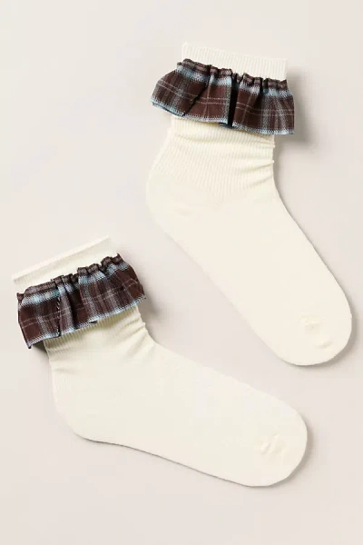 Casa Clara London Plaid Ruffle Cuff Socks In White