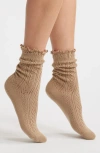 Casa Clara Pointelle Lettuce Edge Crew Socks In Brown