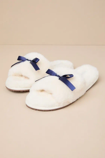 Casa Clara Remi White Navy Satin Bow Faux Fur Slide Slippers