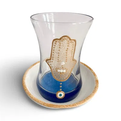 Casa Duniya Blue Hamsa Teacups Set Of Six In Multi