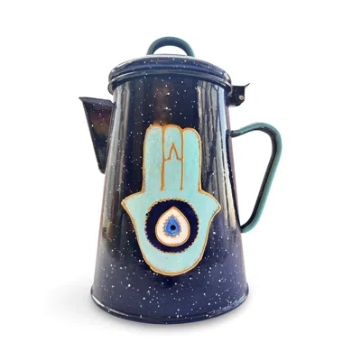 Casa Duniya Blue Hand-painted Metal Hamsa Teapot