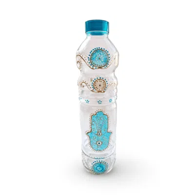Casa Duniya Blue Hand-painted Sadia Evil Eye & Hamsa Glass Water Bottle, Turquoise In White