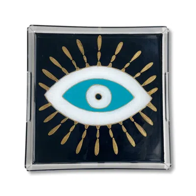 Casa Duniya Hand-painted Evil Eye Black/turquoise Square Nazar Tray