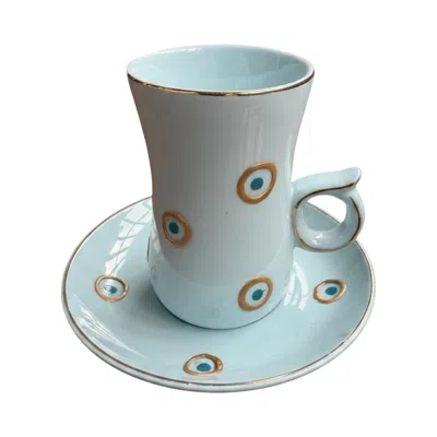 Casa Duniya Light Blue Layan Hand-painted Evil Eye Teacups - Set Of Six