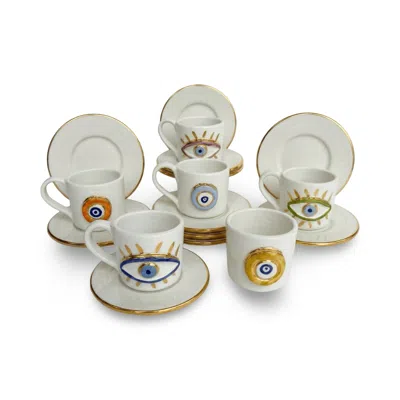 Casa Duniya White Hand-painted Ceramic Evil Eye Zain Espresso Cups - Set Of Six