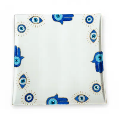 Casa Duniya White Hand-painted Evil Eye Hamsa Square Karima Serving Platter