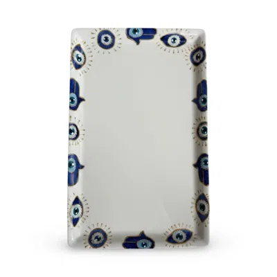 Casa Duniya White Hand-painted Evil Eye Rectangular Karima Serving Platter
