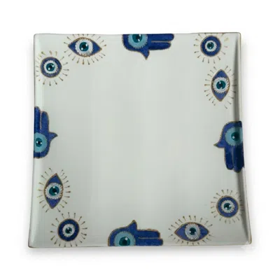 Casa Duniya White Hand-painted Evil Eye Square Karima Serving Platter
