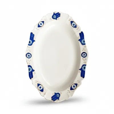 Casa Duniya White Hand-painted Karima Oval Evil Eye Serving Platter In Blue
