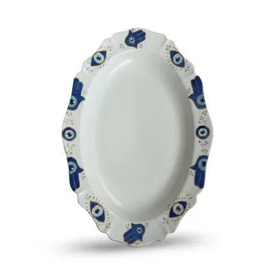 Casa Duniya White Hand-painted Karima Scalloped Edge Oval Serving Platter