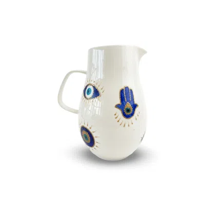 Casa Duniya White Karima Water Jug, Hand-painted Evil Eye & Hamsa Porcelain