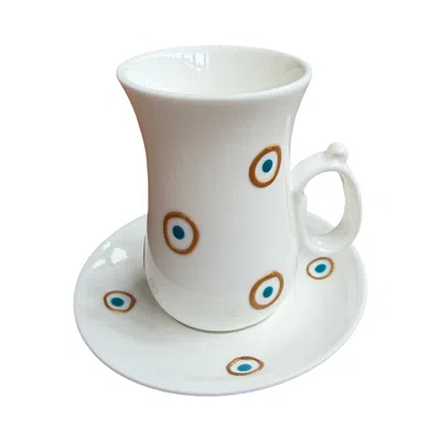 Casa Duniya White Layan Hand-painted Evil Eye Teacups - Set Of Six