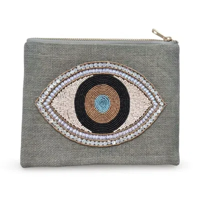 Casa Duniya Women's Grey Manika Gray Cosmetic Pouch – Hand-beaded Evil Eye On Jute
