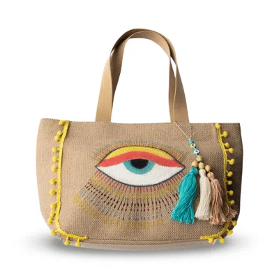 Casa Duniya Women's Neutrals Antalya Evil Eye Yellow Pom Pom Bag