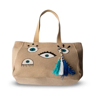 Casa Duniya Women's Neutrals Corfu Hand-painted Evil Eye Canvas Tote Bag With Tassels