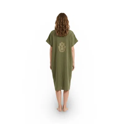 Casa Duniya Women's Olive Green Cotton Hamsa Embroidery Soleil Swimsuit Cover-up
