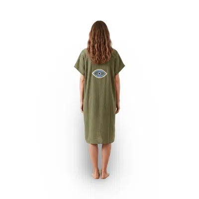 Casa Duniya Women's Ollive Green Cotton Evil Eye Embroidery Soleil Swimsuit Cover-up