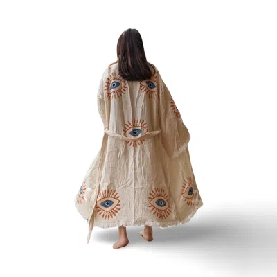 Casa Duniya Women's White Awali Kimono - Orange Evil Eye